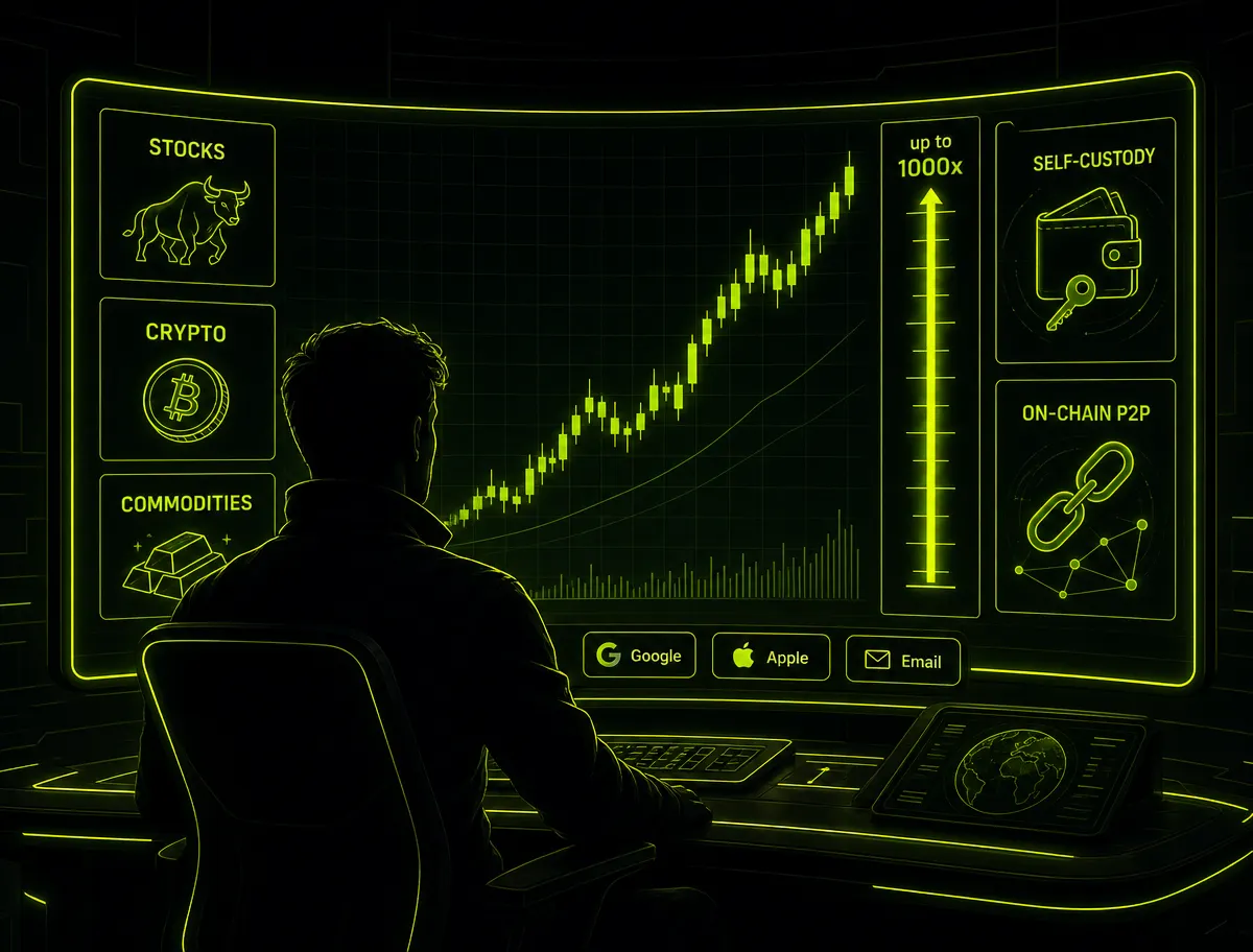 Neon-green trading terminal illustration: a trader facing panels for stocks, crypto and commodities, a rising candlestick chart, a payout scale marked up to 1000x, a self-custody wallet with a key, an on-chain peer-to-peer settlement icon and Google, Apple and email sign-in buttons.